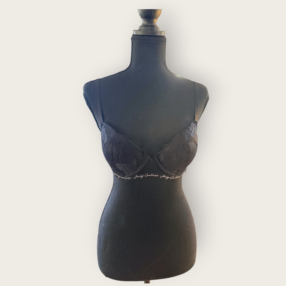 Juicy Couture Black Floral Lace Bra 34B Y2K 90s Coquette Intimate Grunge Baddie